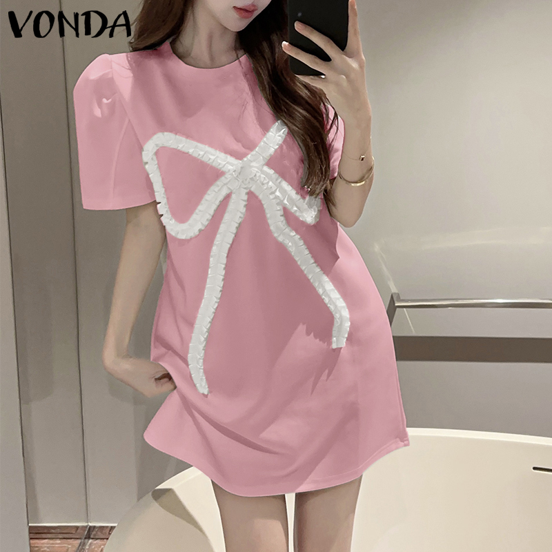 VONDA Women's Girly Style Short Sleeve Dress Crew Neck Bowknot Knee-Length Dresses (Korean Floral) ราคา 300 บาท*ส่งฟรี