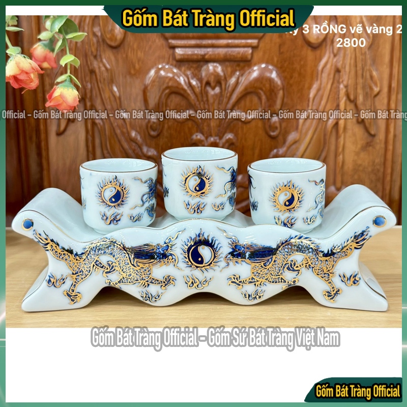 Bộ kỷ ngai họa tiết rồng, sen phú quý vẽ vàng 24k-Bộ chén thờ Bát Tràng vẽ vàng cao cấp