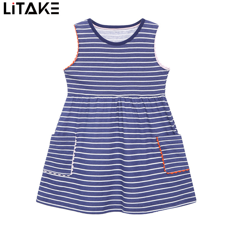 Toddler Girls Summer Dresses Children's Casual Cotton Sleeveless Striped Crew Neck Skirt With 2 Pockets ราคา 210 บาท*ส่งฟรี