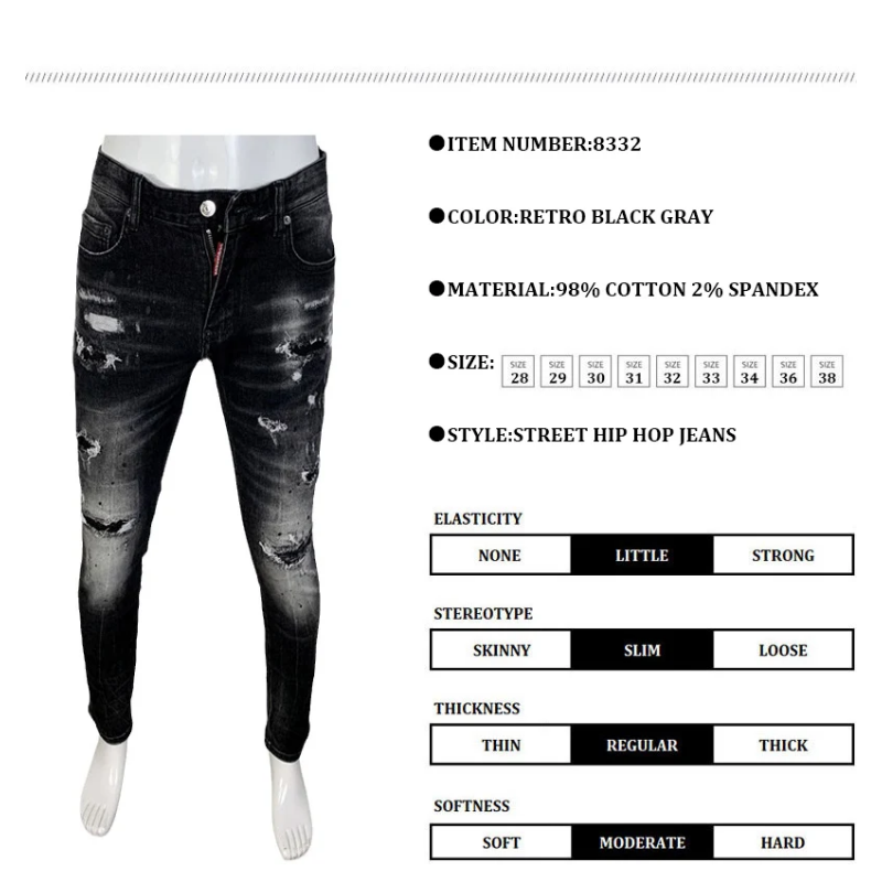 【A Popular】  Street Fashion Men Jeans Retro Black Gray Elastic Stretch Slim Fit Hole Ripped Jeans Men Patched Designer Hip Hop Brand Pants
