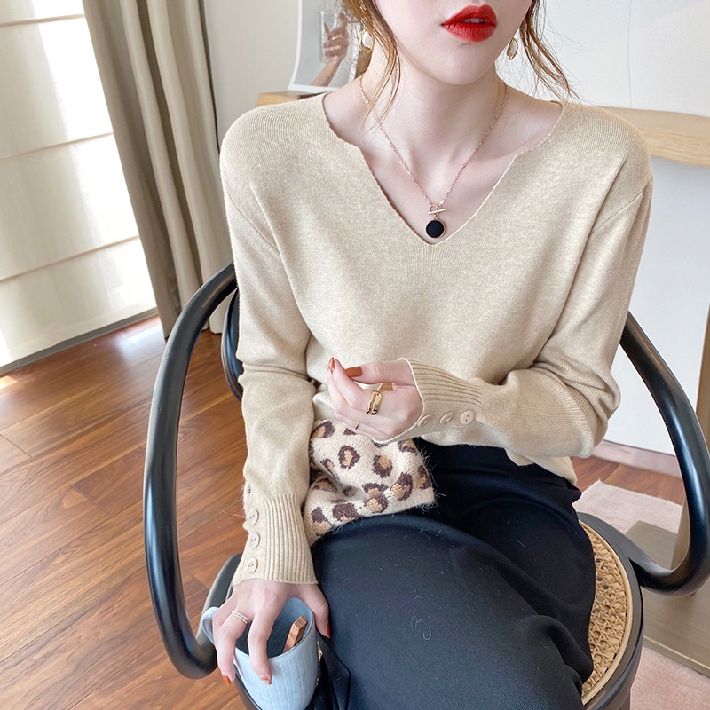 Mùa Thu/đông v-cổ mềm áo đan tay áo dài áo len mỏng