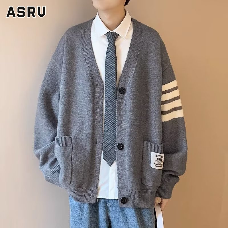 ASRV Men s V-neck loose simple knitted cardigan Warm buttoned couple