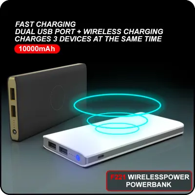 F-221 Fast Charge Powerbank 10000mAh | WIRELESSPOWER | Wireless Charging Powerbank | LED Torch Light | Universal Compatibility
