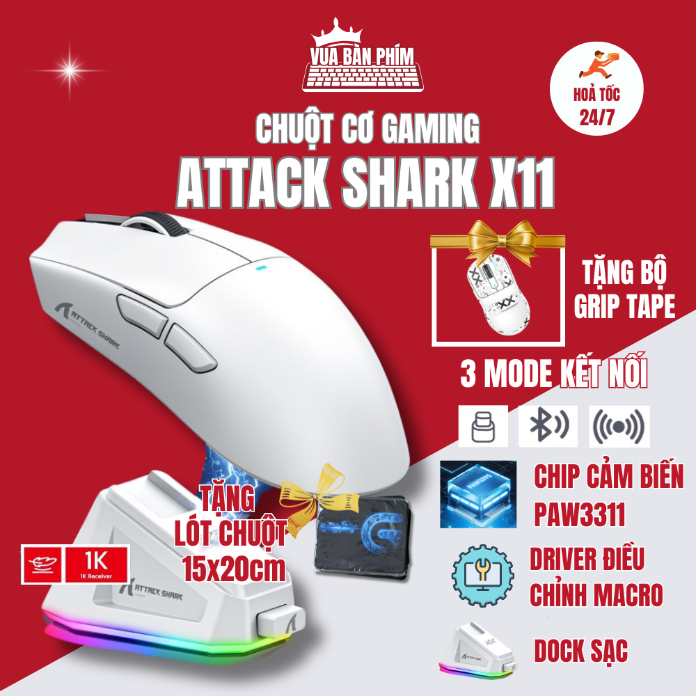 Chuột máy tính không dây gaming Attack Shark X11 / x11 bluetooth,dock sạc , chip Paw 3311 siêu mạnh 