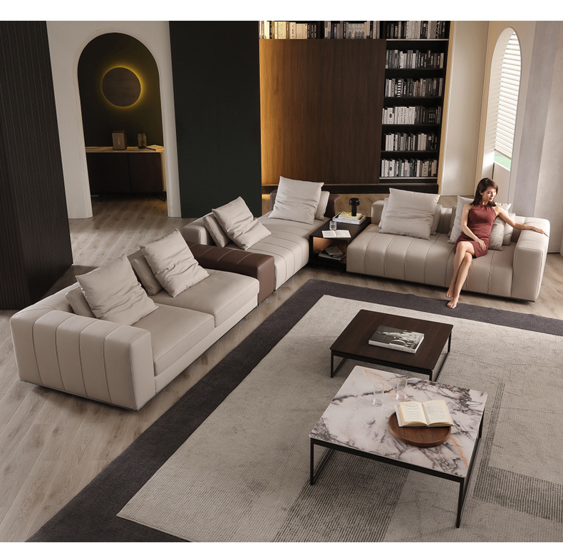 Sofá italiano minimalista de piel, teclas de piano, moderno, minimalista, nórdico, arte en piel, villa italiana, muebles de sala de estar de lujo y luminosos