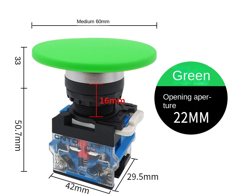 Nút Nhấn Nấm To Tự Giữ Màu Xanh Lá LA38-11 - Hai Thường Mở | LA38-11MZS60 Changde - Đầu 60mm, Lỗ 22mm, tùy chọn: Đỏ/Xanh, Điều Khiển Công Nghiệp Chắc Chắn