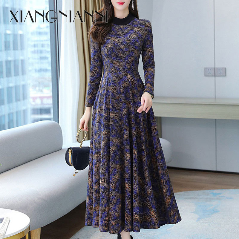 XIANG NIAN NI Middle -length printed A -line dress female round neck and velvet warming bottom skirt Beautiful dress, female 12.12 Biggest Sale ราคา 205 บาท*ส่งฟรี