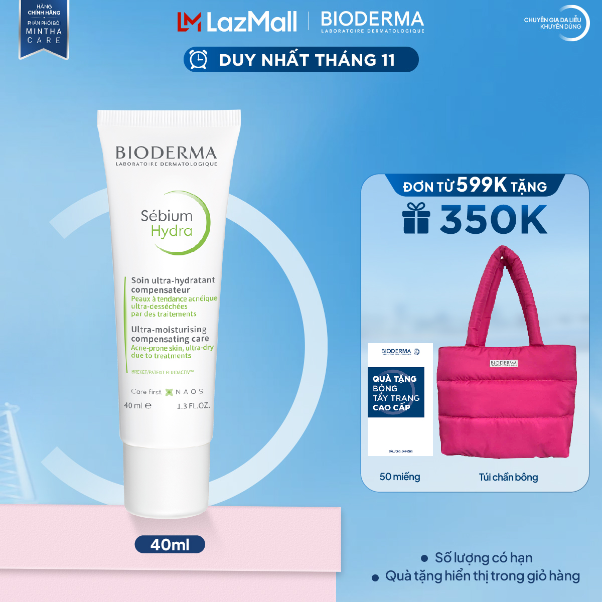 Kem dưỡng ẩm giảm khô căng bong tróc cho da mụn Bioderma Sebium Hydra - 40ml