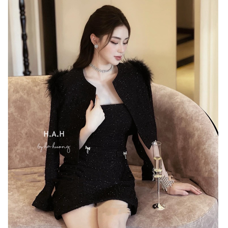Set đồ dạ tweed đính lông sang chảnh tiểu thư đầm cúp ngực dáng A ngắn phối áo khoác dài tay đính lô