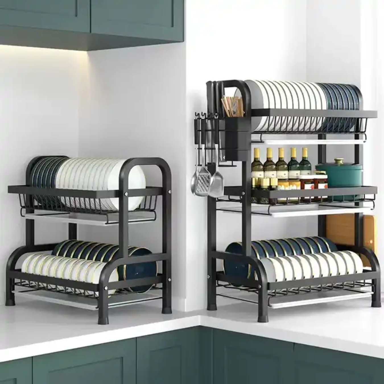 HLA Kệ 3 Tầng Để Chén Bát Cao Cấp Thép Sơn Tĩnh Điện - Có Khay Hứng Nước - Kèm Ống Đũa, Giá Cài Dao Thớt Tiện Lợi