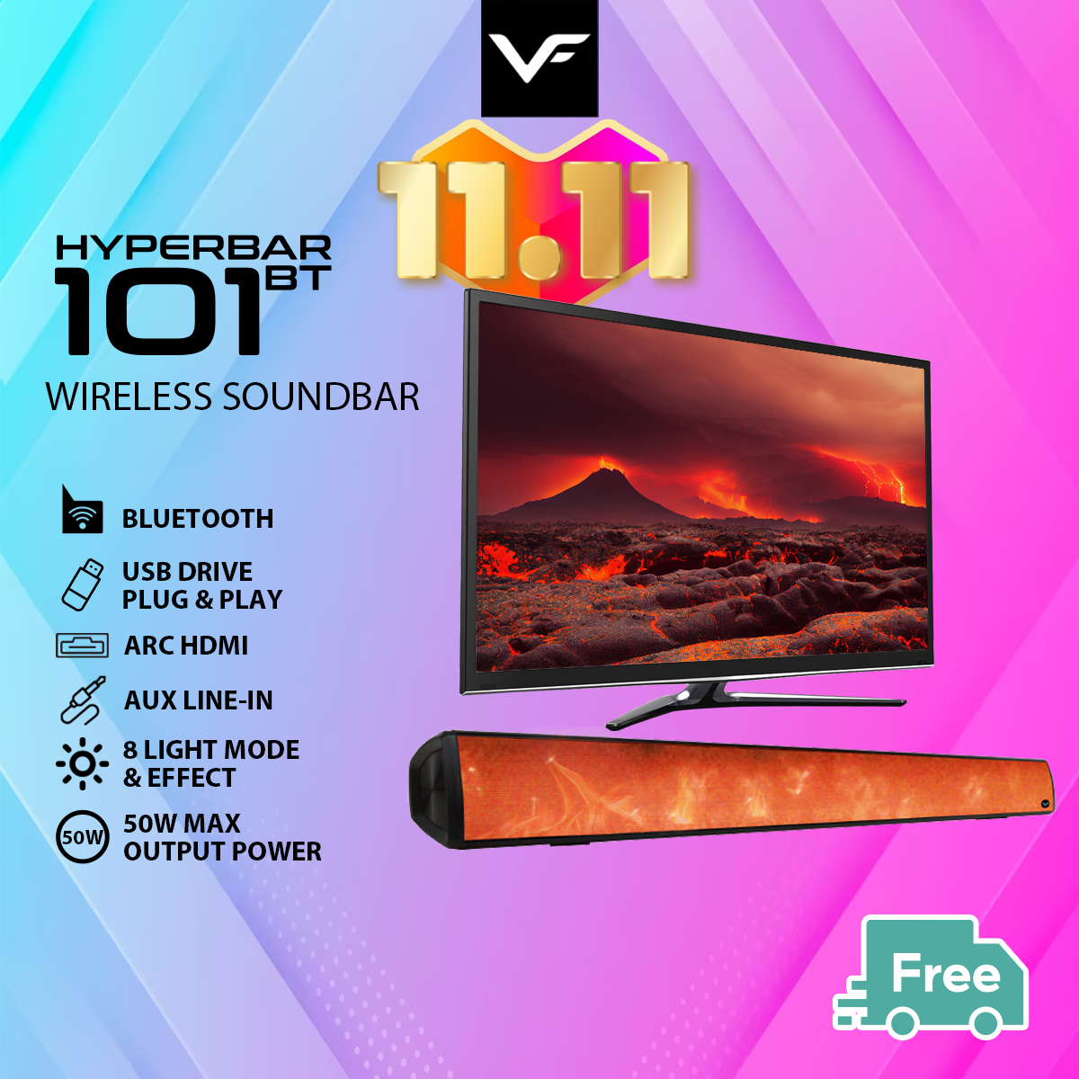 Vinnfier VF Hyperbar 101 BT Bluetooth 50W Home TV Soundbar with 8 Light Show / HDMI / USB Driver