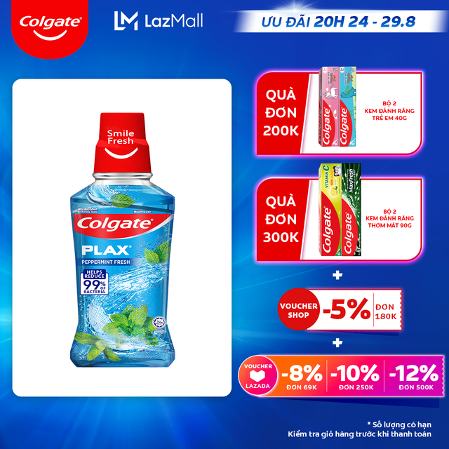 [Ưu đãi 20H 24.8 - 29.8_Áp voucher Colgate 5% + voucher LZD 8%]Nước súc miệng Colgate Plax diệt 99% vi khuẩn