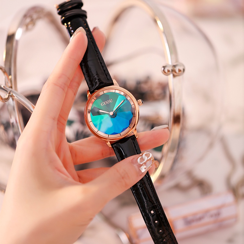 Cổ Da xuất xứ Châu Âu Dây đeo đồng hồ nữ đầy màu sắc GUOU Đồng hồ Đồng hồ đeo tay GUOU 6034 xem nữ dây đeo thép xanh Đồng hồ nữ chống nước