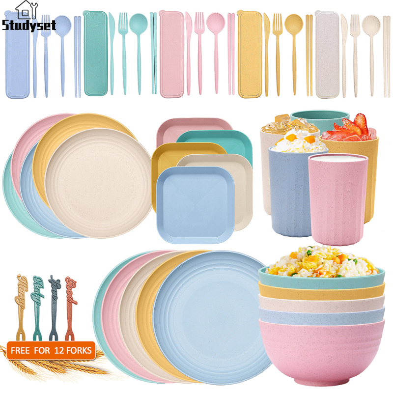 Studyset IN stock 63pcs Wheat Straw Cutlery Set Household Portable Knife Fork Spoon Chopsticks Bowl Plate Dish Tableware ราคา 1,040 บาท*ส่งฟรี