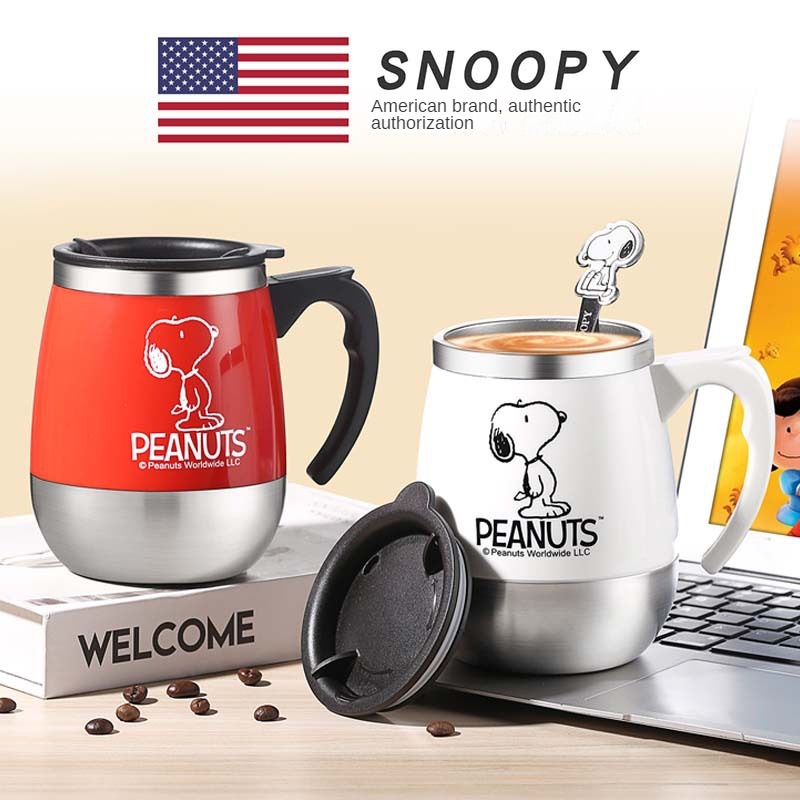 Snoopy lớn bụng Cốc văn phòng cốc đôi 304 thép không gỉ cốc cà phê cốc nước với bìa