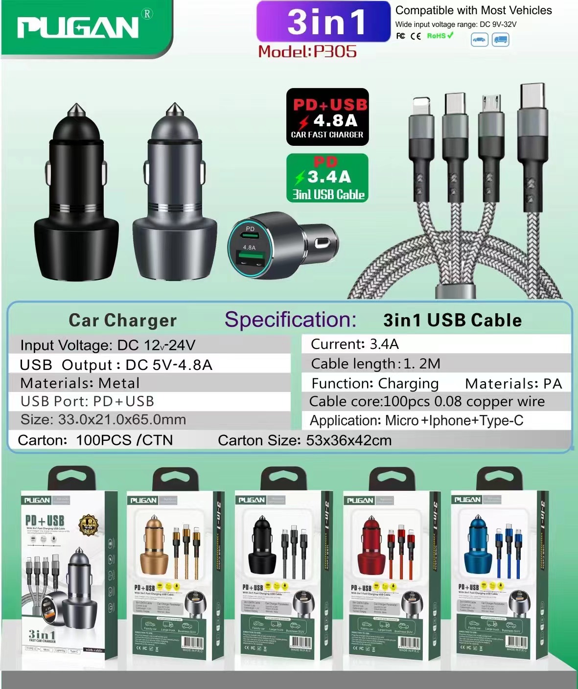  Tẩu sạc ô tô xe hơi PUGAN gồm 1 cổng USB-C tích hợp sạc nhanh và cổng USB 4.8A Tặng kèm dây sạc 3 đầu mẫu mới nhất 