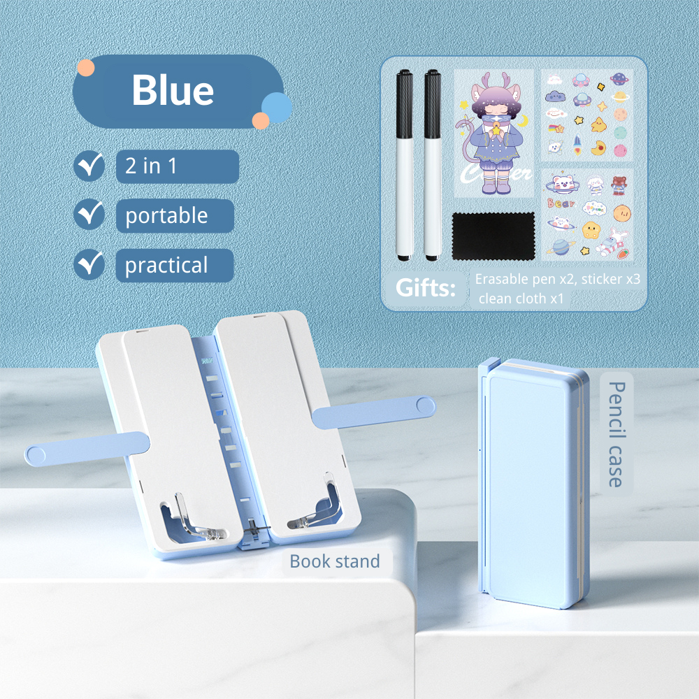 Hộp bút chì nbx và giá sách đọc sách có thể gập lại Hộp bút đa năng 2in1 khung đọc có thể điều chỉnh với tấm kẹp giấy viết và 2 bút xóa 3 Tấm dán cho nữ sinh văn phòng phẩm