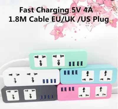 USB Power Strip Fast Charging 5V 4A 2 Power Sockets-4 USB Outlets Surge Protected Extension Lead Adapter 1.8M Cable USB Socket Extension Multi Switched Socket EU-UK -US Plug Wall Socket with USB