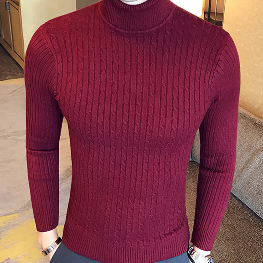Casual Men Winter Solid Color Turtle Neck Long Sleeve Twist Knitted Slim Sweater Men's Knitted Sweaters Pullover Men999_voghion.com