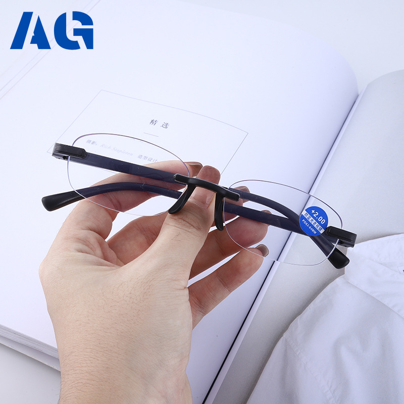 A-G Ultra Light Resin TR90 Rimless Square Anti Radiation Reading Eyeglasses Anti Blue Light Black Magnifying Clear Lens Original Reading Glass for Cellphone Spectacles G519