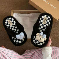 XIXITIAO Heart-shaped Bear Cute Winter Casual Home New Cotton Slippers for Women Soft Sole Comfortable Toe-post Furry Flip-flops