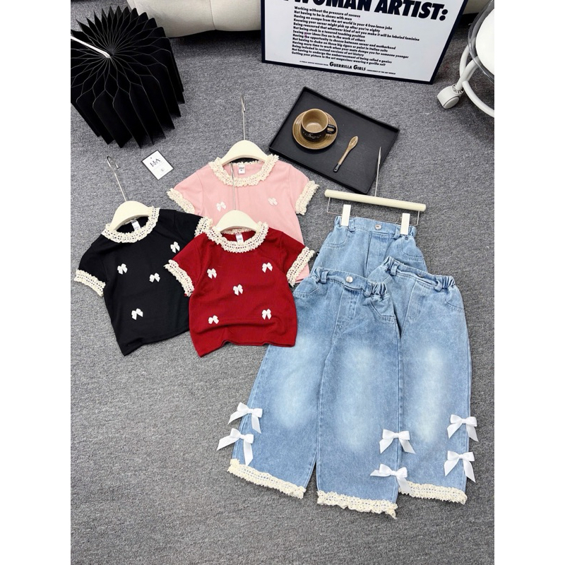 Set bộ bé gái CS718 Set áo nơ ren quần bò jean nơ cho bé gái