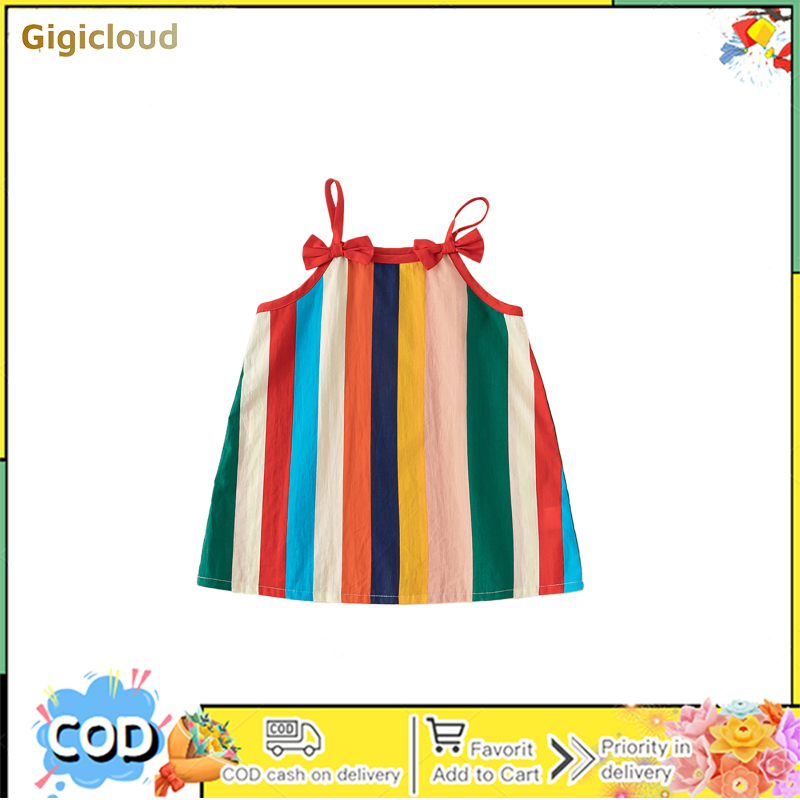 Cotton Little Girl Slip Dress Bowknot Rainbow Vertical Stripe Dress Beach Sundress Playwear Dress ราคา 144 บาท*ส่งฟรี