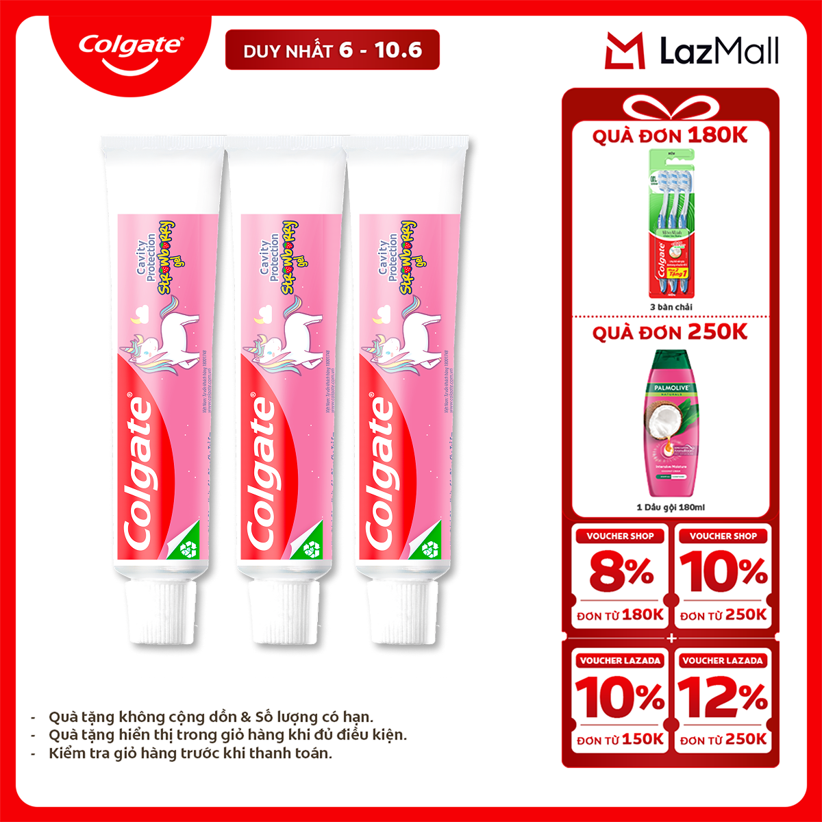 [Chỉ 6-10.6_X2 Voucher giảm 22%] Bộ 3 kem đánh răng Colgate cho trẻ em kỳ lân Unicorn hương dâu 40g