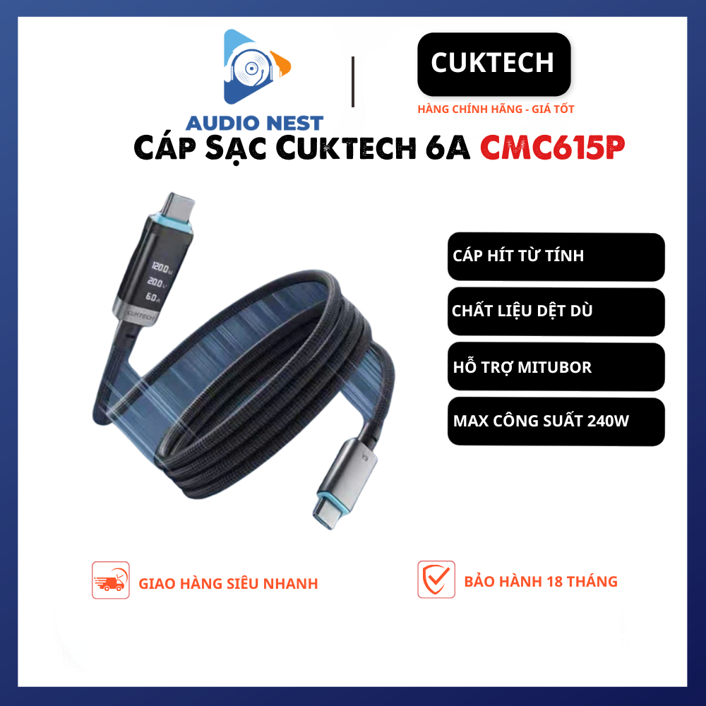Cáp Sạc Cuktech Hít Từ Tính 6A Màn Led 240w CMC615P - Bảo Hành 18 Tháng
