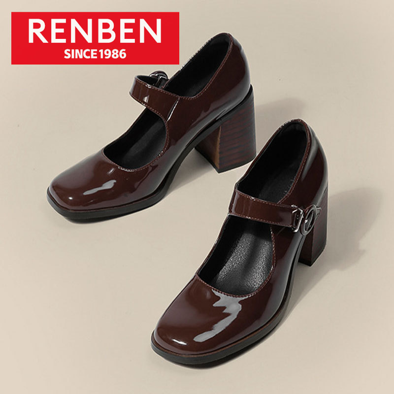 RENBEN New Mary Jane shoes for women, retro British style Hepburn black high-heeled buckle, thick heel square toe shoes