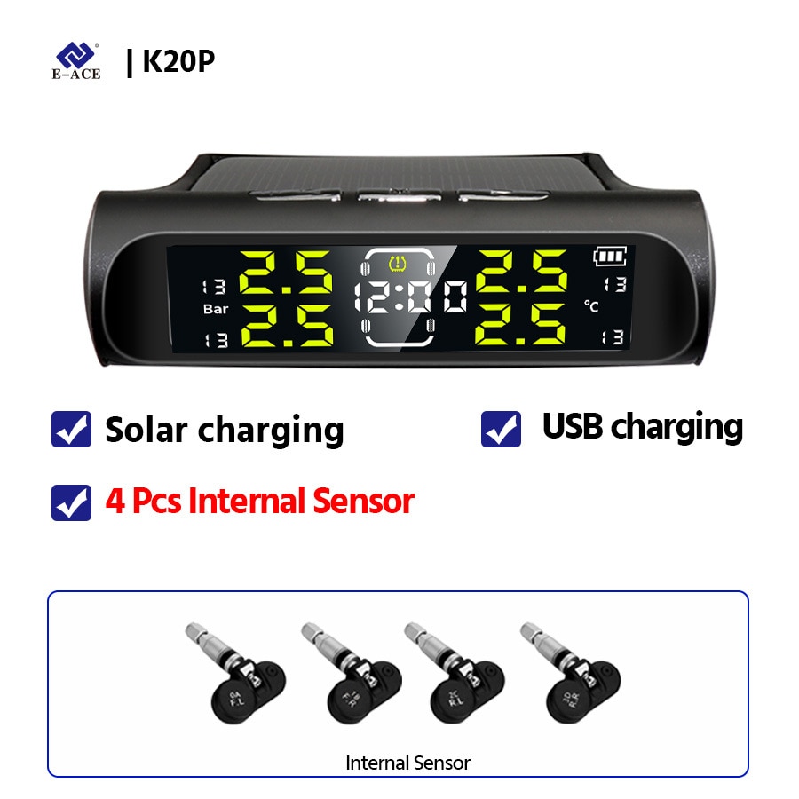 K20P Được Xây Dựng Trong Cảm Biến K20P Được Xây Dựng Trong Cảm Biến E-Ace đồng hồ điện tử Xe Tpms 4 Áp Lực lốp bánh xe Monito Năng Lượng Mặt Trời Điện sạc usb Tpms báo động an ninh tự động Thiết Bị