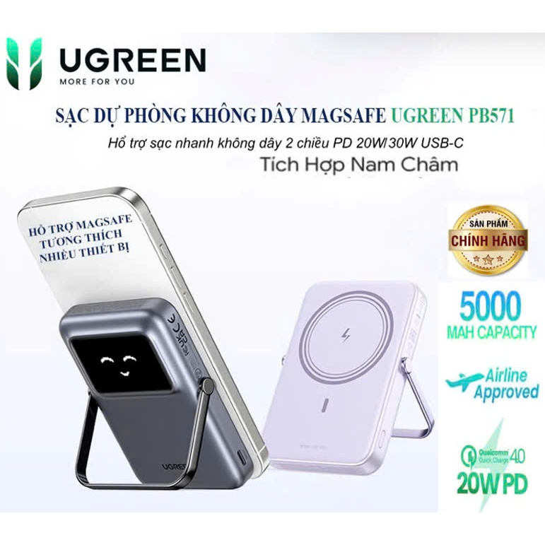 Pin sạc dự phòng không dây Ugreen 35605B 35606 PB571 (5000mAh nam châm hít,PD 20W,LED Robot Qi7,5W)