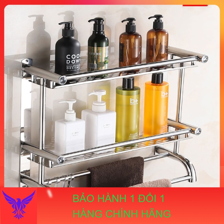 Giá/kệ để đồ phòng tắm inox dán tường 2 tầng có móc treo 60cm - Kệ phòng tắm - Giá để đồ phòng tắm
