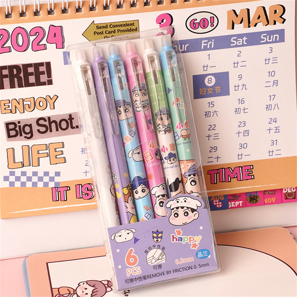 VIVOLILV COD❤ 【COD】ปากกาเจลลบได้ 6 ชิ้น/เซ็ต Hello Kitty Kuromi Melody Cinnamoroll ปากกากดสีน้ำเงิน/ดำ 0.5 มม. เครื่องเขียนนักเรียนลายการ์ตูนน่ารัก 【BloomEssence】 【SilkSkin】