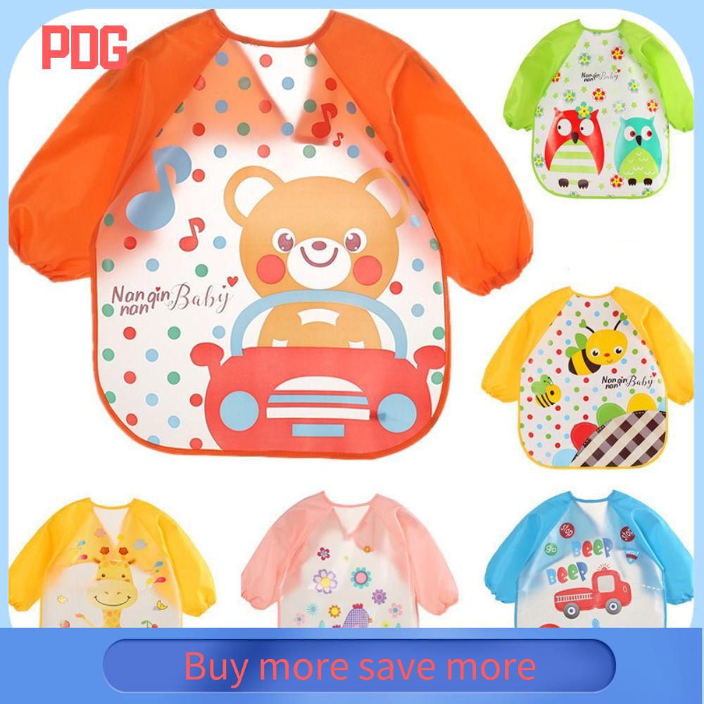 PDG PEVA Yếm chống bẩn cho bé 0-3 tuổi Có thể giặt được Chống thấm nước Khăn ọc sữa chống bẩn Mẫu hoạt hình Áo khoác dây đeo tay dài Bé ăn