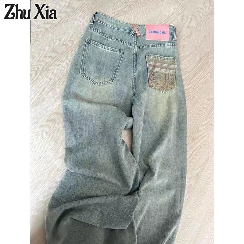 Zhu XIA Quần jeans ống đứng cho nữ quần ống rộng cạp cao phong cách Hàn Quốc hợp thời trang