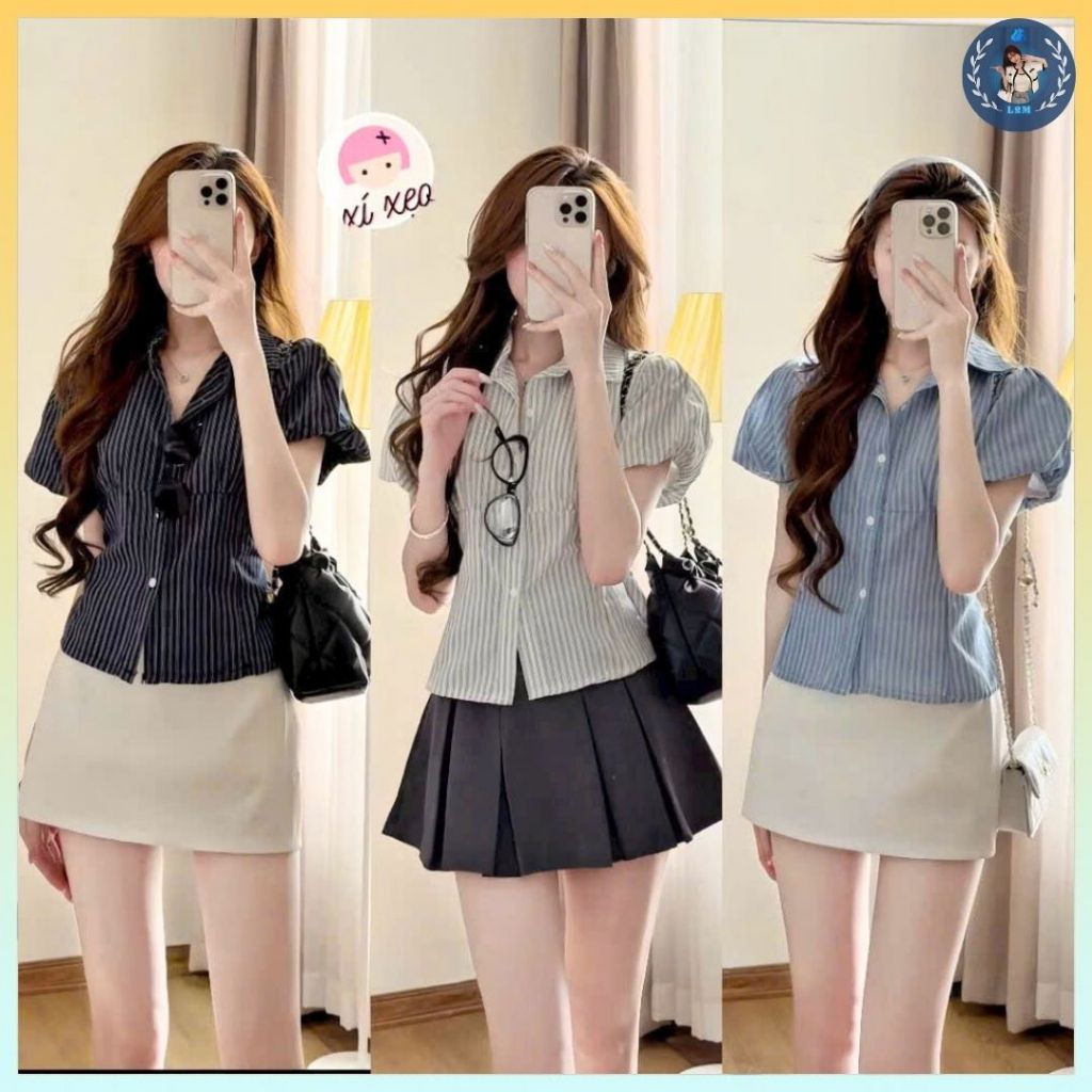   A429  Áo sơ mi kiểu nữ KẺ SỌC CÓ DÂY CHIẾT EO tôn dáng phối tay bồng xinh xắn hot trend - L2M 