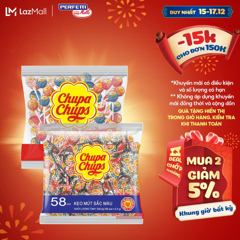  Kẹo mút Chupa Chups Hương Trái Cây Hỗn Hợp  60 que   Hương Dâu và Cola tô màu lưỡi  58 que  