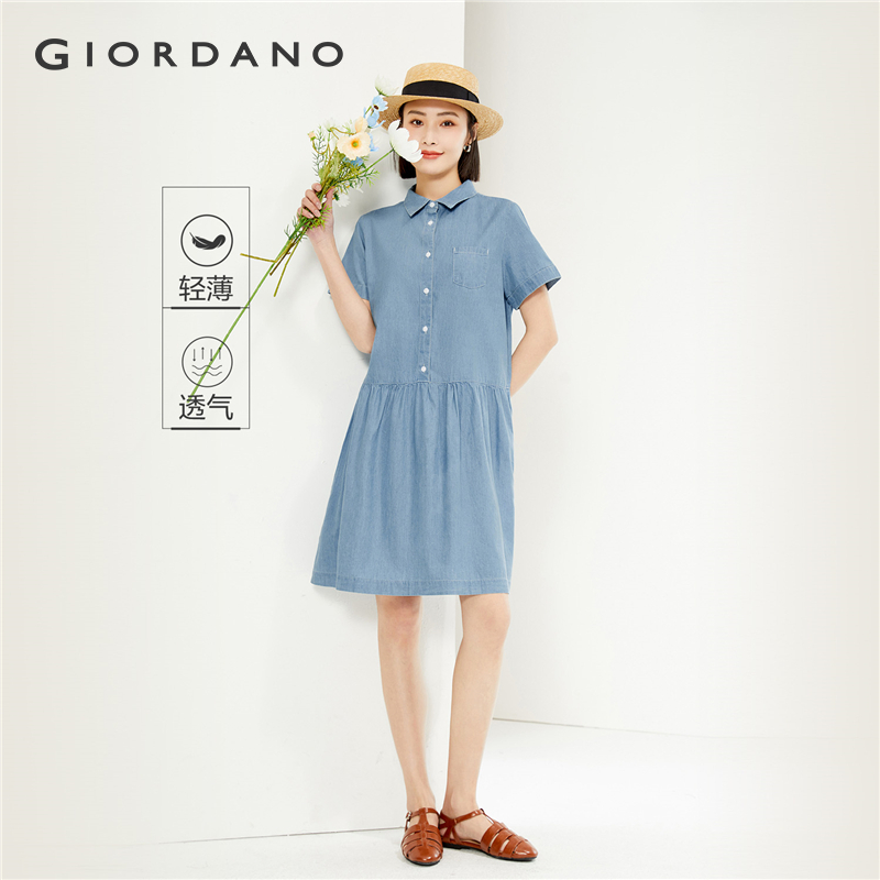 GIORDANO Nữ đầm  Cotton Nhẹ Áo Sơ Mi Denim Váy Nữ Tay Ngắn Nửa Túi Thời Trang Áo Denim 05464313