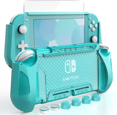 HEYSTOP Case Compatible with Nintendo Switch Lite, with Tempered Glass Screen Protector and 6 Thumb Grip, TPU Protective Cover for Switch Lite with Anti-Scratch/Anti-Dust (Turquoise)