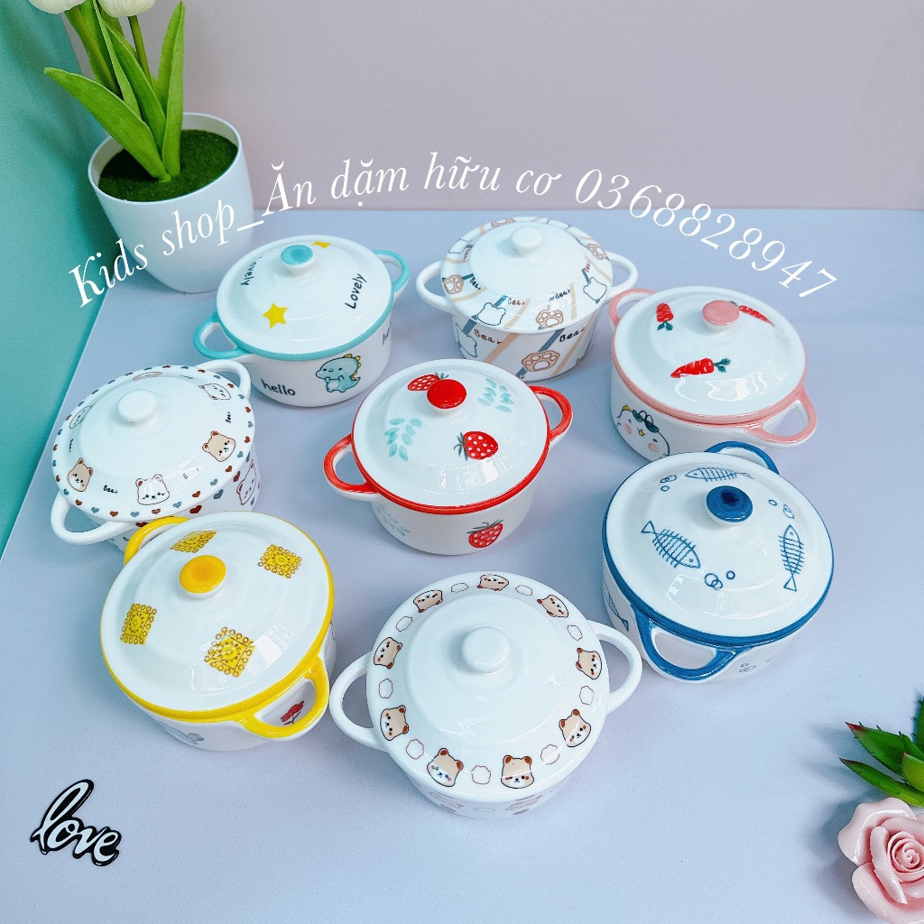 Bát ăn dặm,bát gốm sứ hình nồi họa tiết có nắp cho bé 250ml kids shop