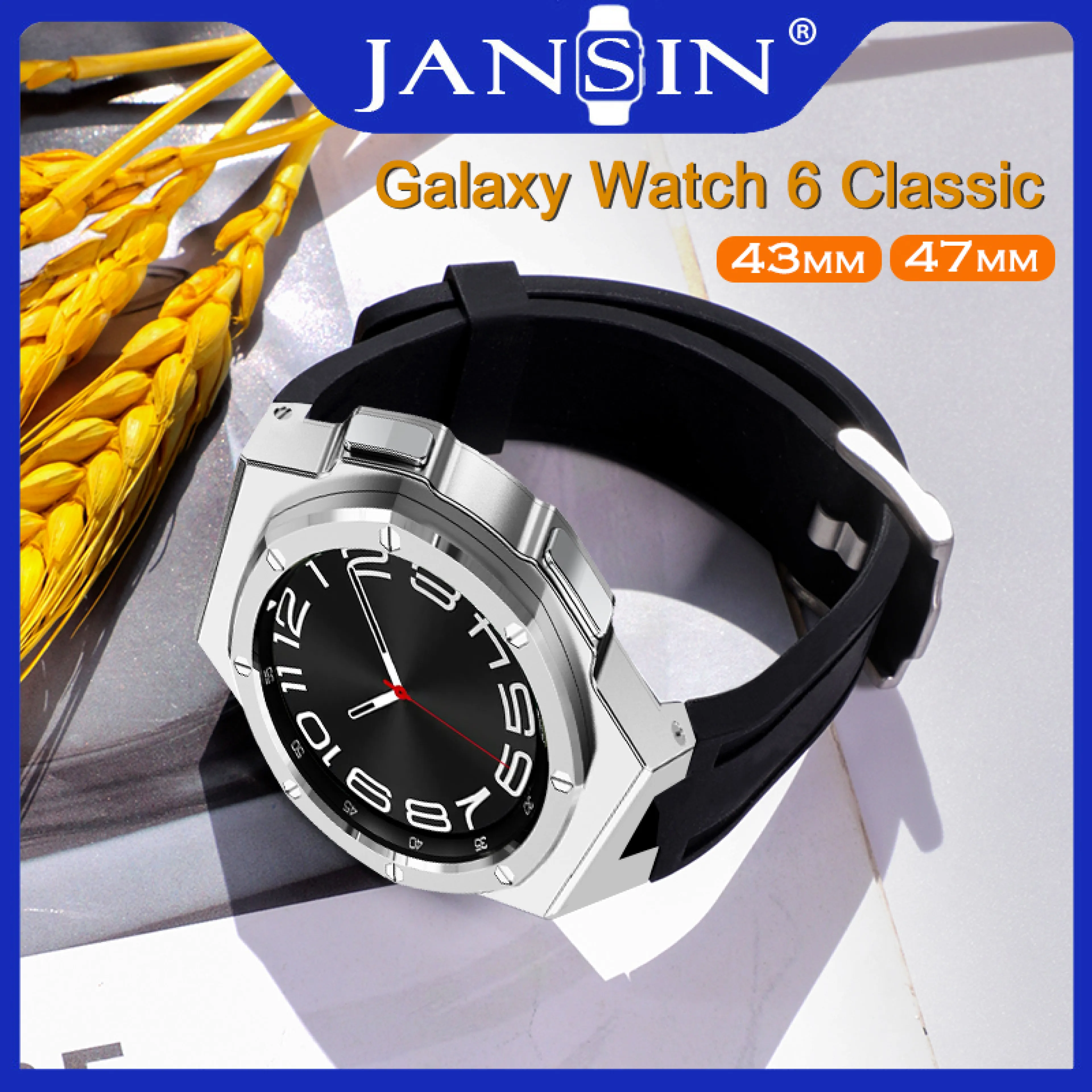 Modification Kit เคส สายนาฬิกา for Samsung Galaxy Watch 6 Classic 43mm 47mm เคสโลหะ Silicone Rubber Strap สายนาฬิกาซิลิโคนสีทึบ Galaxy Watch 6 สาย DIY Metal Mod Kit