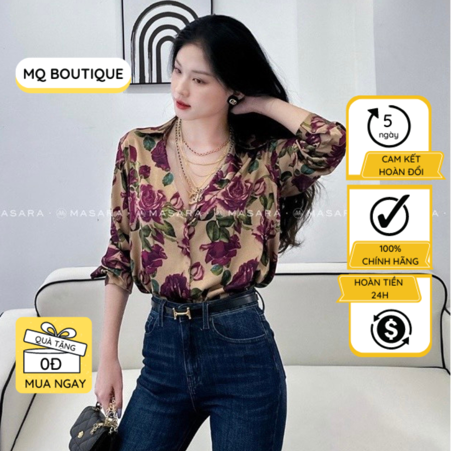 Áo lụa sơ mi dài tay công sở họa tiết hoa hồng nhung cao cấp, áo sơmi họa tiết thiết kế MQ Boutique