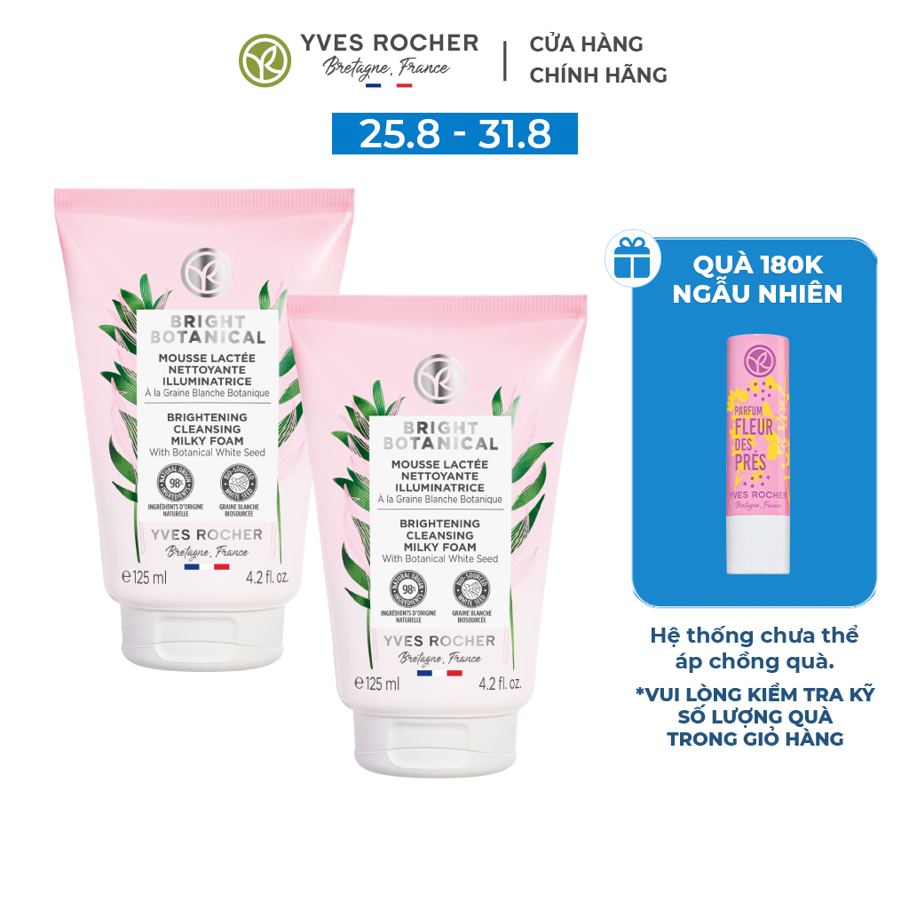 Combo 2 Sữa Rửa Mặt Làm Sáng Da Dạng Bọt Yves Rocher - Bright Botanical Brightening Cleansing Milky Foam Tube 125ml