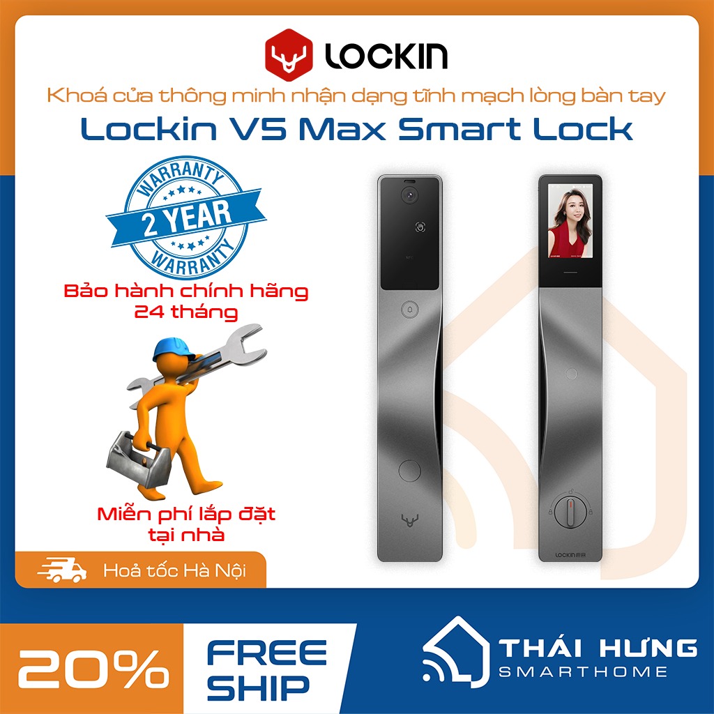 [Bao lắp đặt] Khóa cửa thông minh Lockin V5 Max nhận dạng tĩnh mạch lòng bàn tay,Face ID, tích hợp màn hình 4 inch