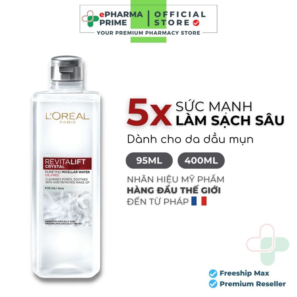 Nước Tẩy Trang L'Oreal Paris Revitalift Crystal Purifying Micellar Water Dành Cho Da Dầu Mụn