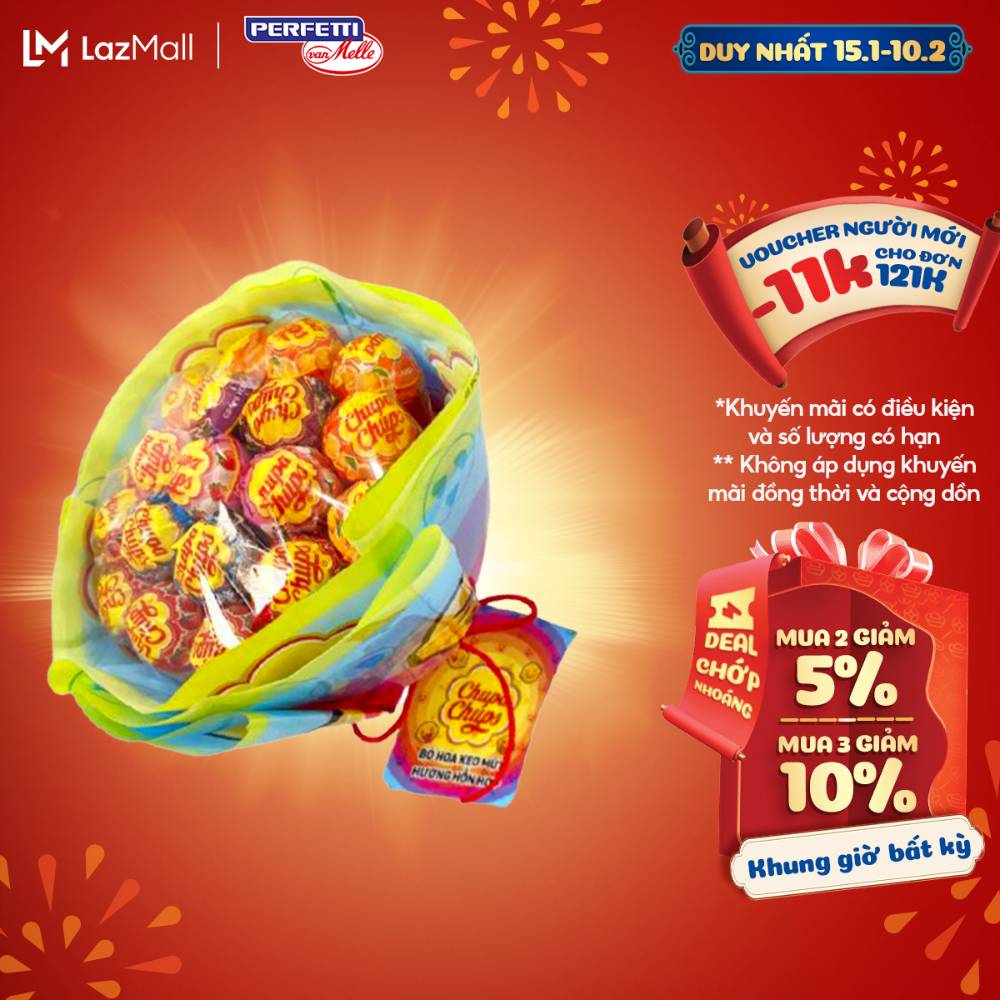 Kẹo mút Chupa Chups hình dáng Bó hoa hồng hương trái cây (19 que kẹo) phù hợp tặng người thương nhân