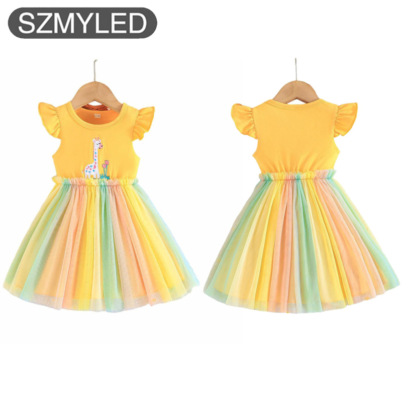 Baby Girls Flutter Sleeve Dress Toddler Cotton Casual Round Neck Cartoon Print Sundress Summer Patchwork Tulle Skirt