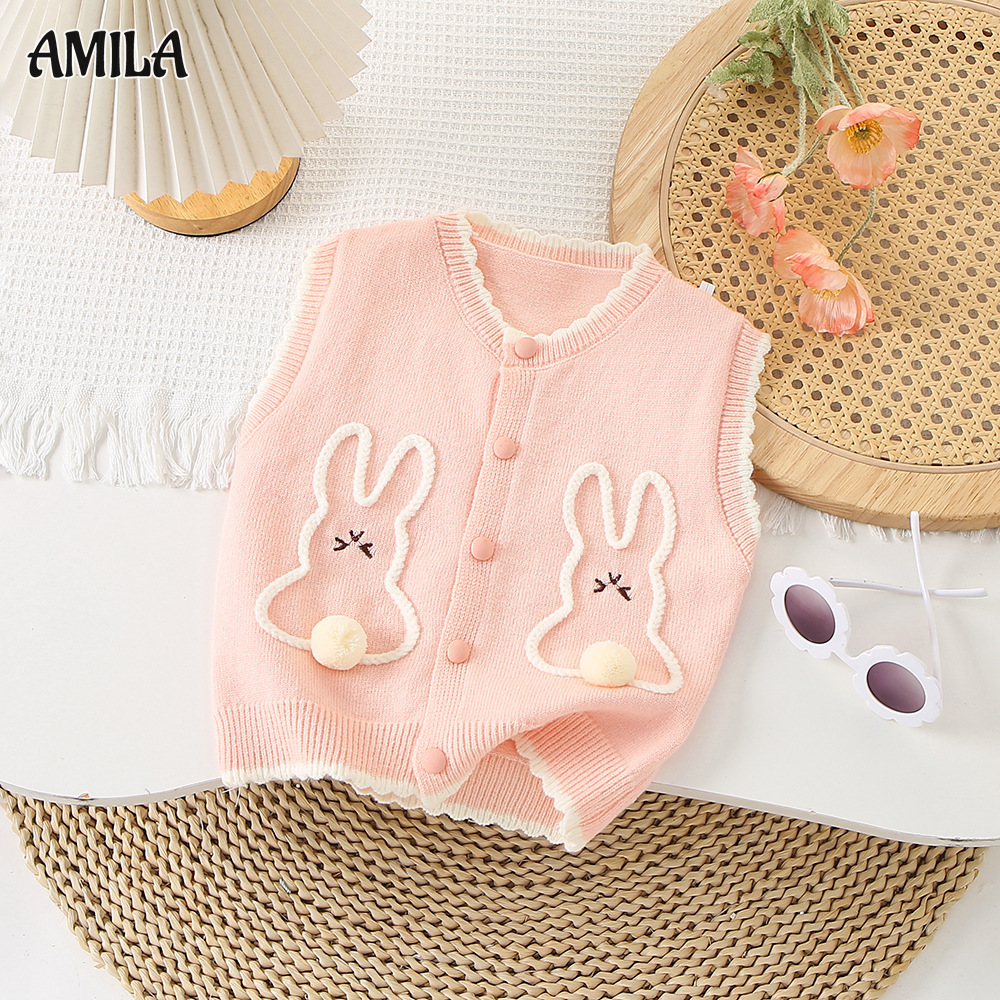 AMILA Girls knitted vest children's sweater cardigan thin outer wear rabbit waistcoat vest