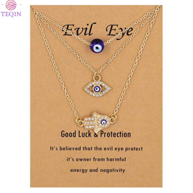TEQIN【Fast Delivery】3pcs/set Evil Eye Women Pendant Necklace Dainty Blue Eyes Palm Lucky Jewelry Necklace Gifts For Girls